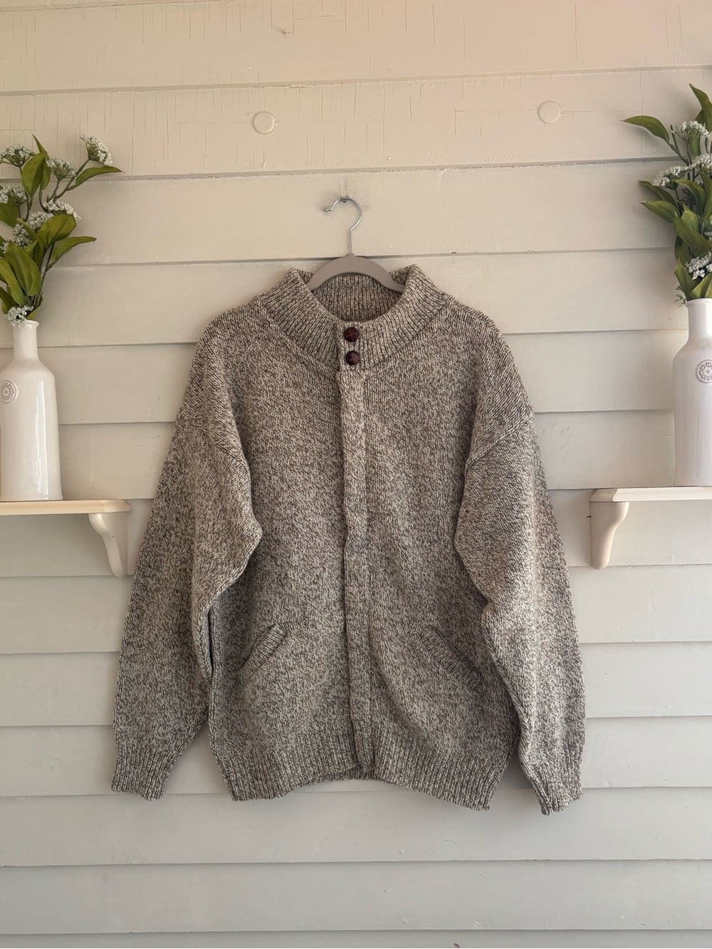 Oakbrook Vintage Heather Tan & Cream Heavy Knit Mock Neck Sweater Men’s Size XL